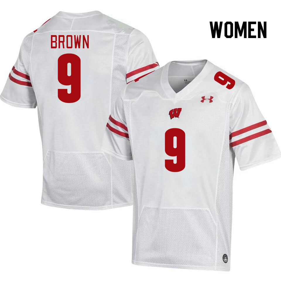 Women #9 Austin Brown Winsconsin Badgers College Football Jerseys Stitched Sale-White - Click Image to Close